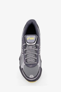 Asics men’s gel kinetic mesh sneakers in gray with black accents and yellow branding details for running