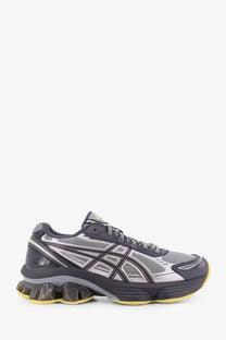 Asics men’s gel kinetic mesh sneakers in gray and silver with textured mesh upper black stripes and yellow chunky sole
