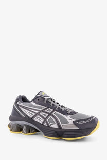 Asics men’s gel kinetic mesh sneakers in gray and silver with layered design mesh upper and yellow sole accents
