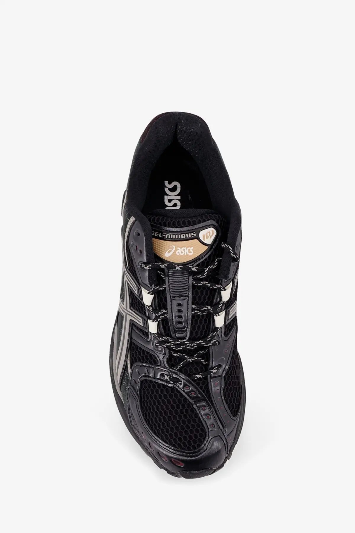 Asics men’s gel nimbus mesh sneakers in black with mesh and synthetic overlays white laces and gold branding details