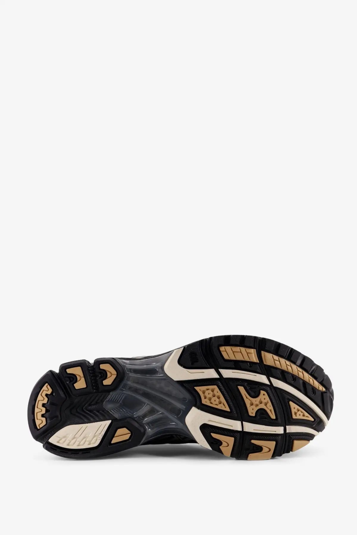 Black and beige rubber sole with textured geometric tread pattern on asics men’s gel nimbus mesh sneakers black