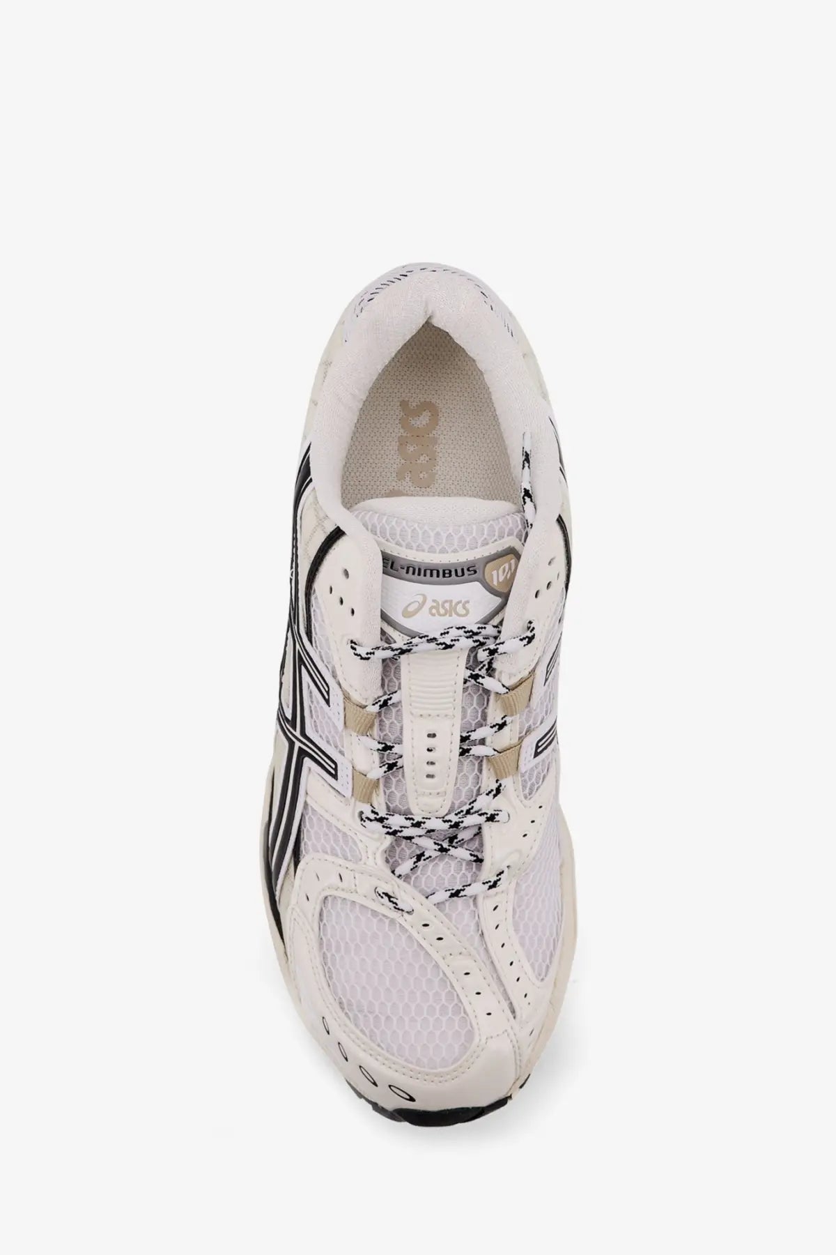 Asics men’s gel nimbus mesh sneakers white with black and beige accents featuring a breathable mesh upper and signature branding