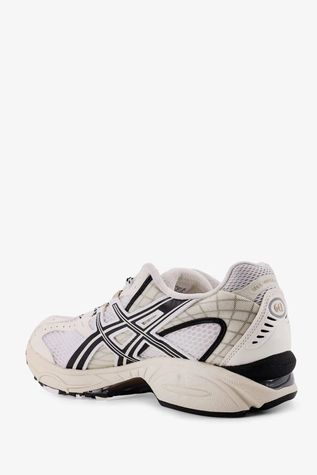 Asics men’s gel nimbus mesh sneakers in white with black gel-kayano 14 running shoe mesh upper and rubber outsole