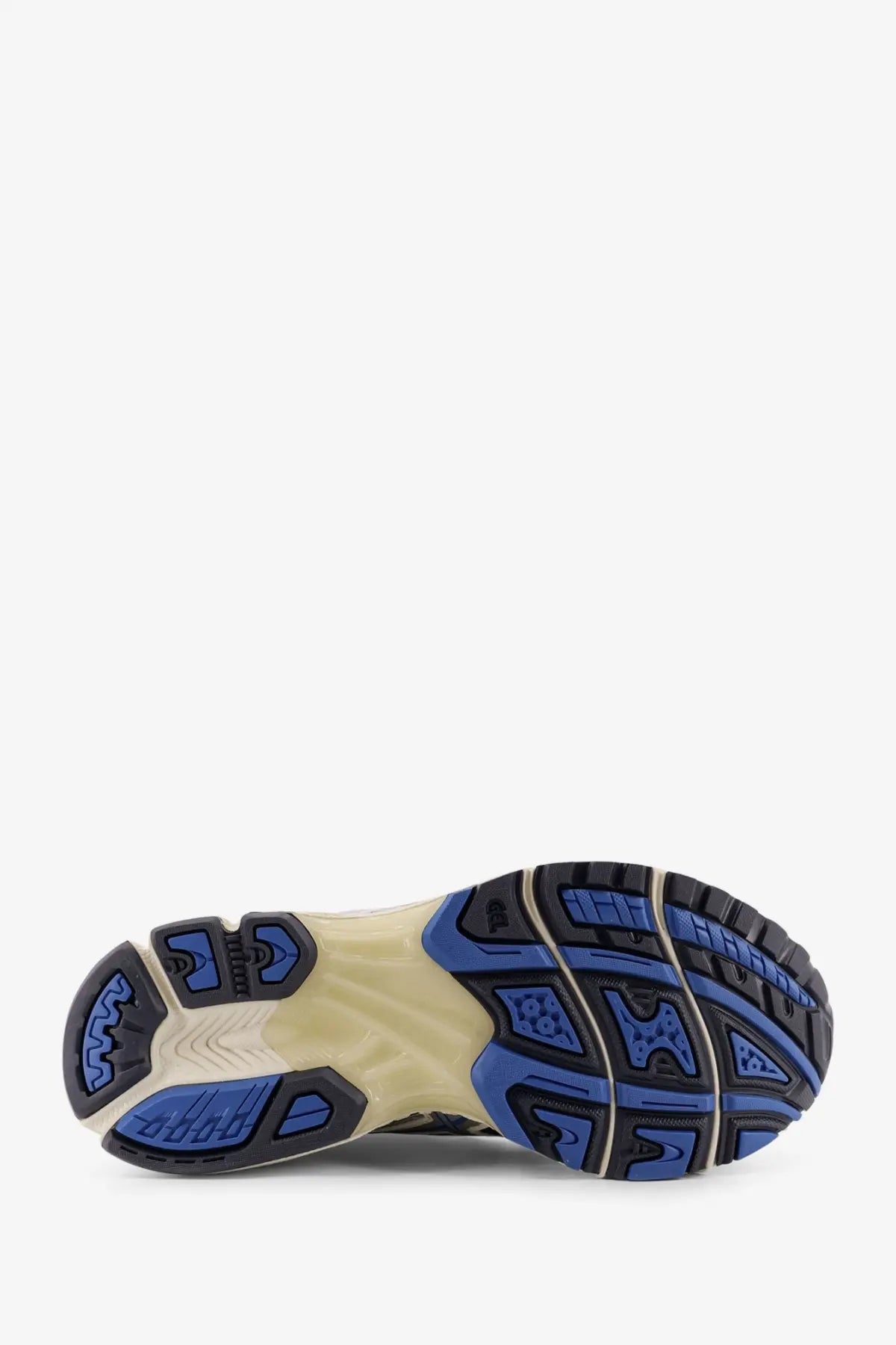 Back view of asics mens gel nimbus mesh sneakers with blue and black rubber sole and beige midsole featuring logo