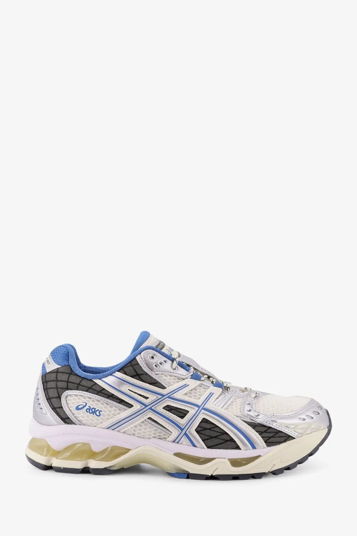 Asics men’s gel nimbus mesh sneakers in white and blue with mesh upper black grid accents and translucent yellow midsole