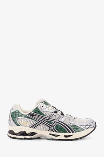 Asics men’s gel nimbus mesh sneakers in white green and black with mesh and synthetic overlays for running