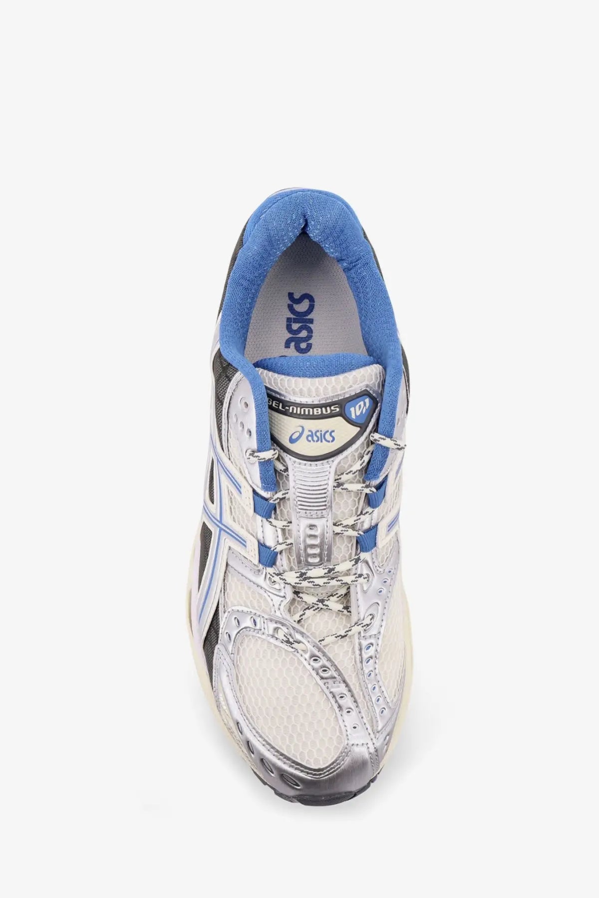 Asics men’s gel nimbus mesh sneakers white with silver and blue mesh upper synthetic overlays and cushioned sole