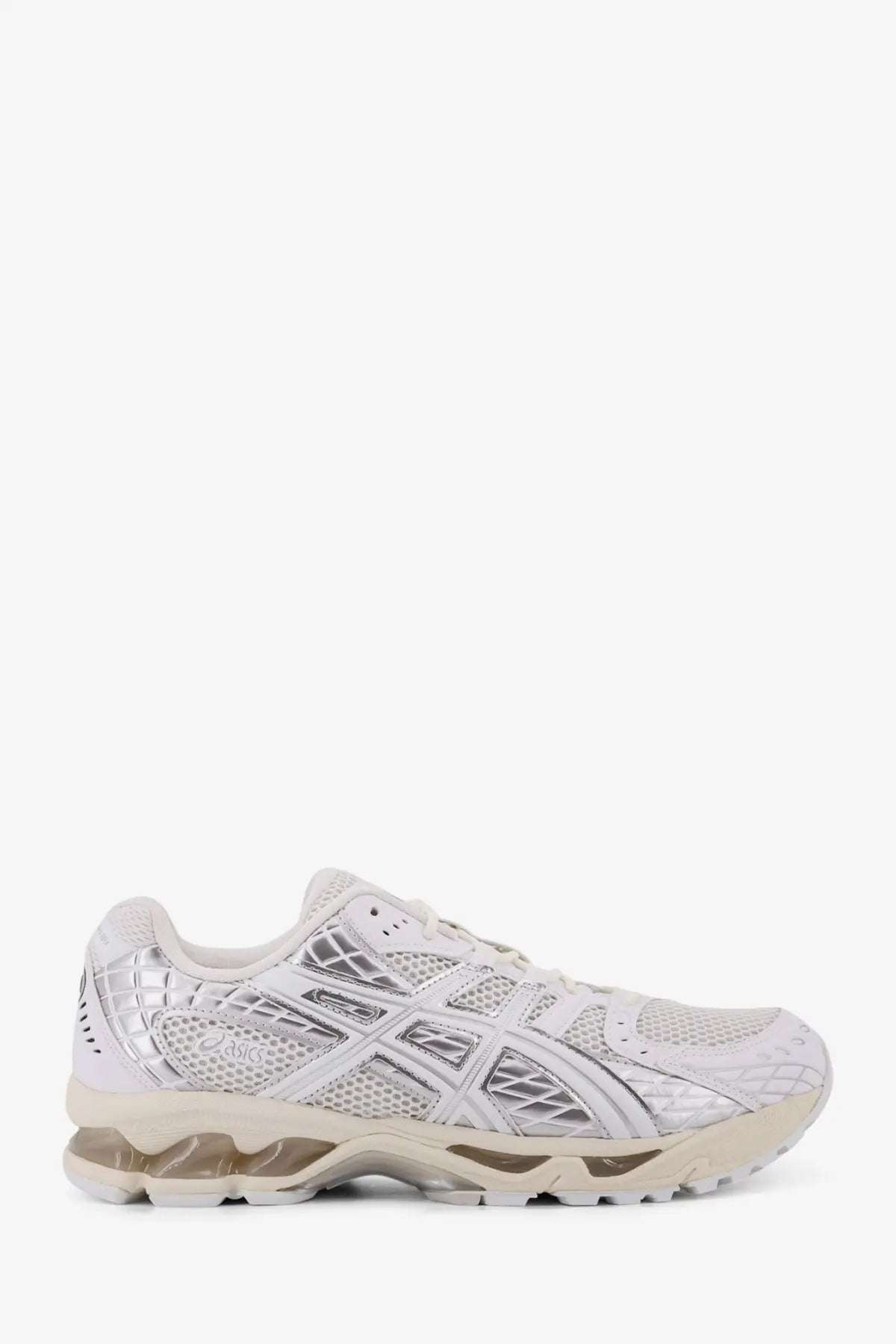 Asics men’s gel nimbus mesh sneakers in white with silver metallic accents mesh upper and cushioned midsole