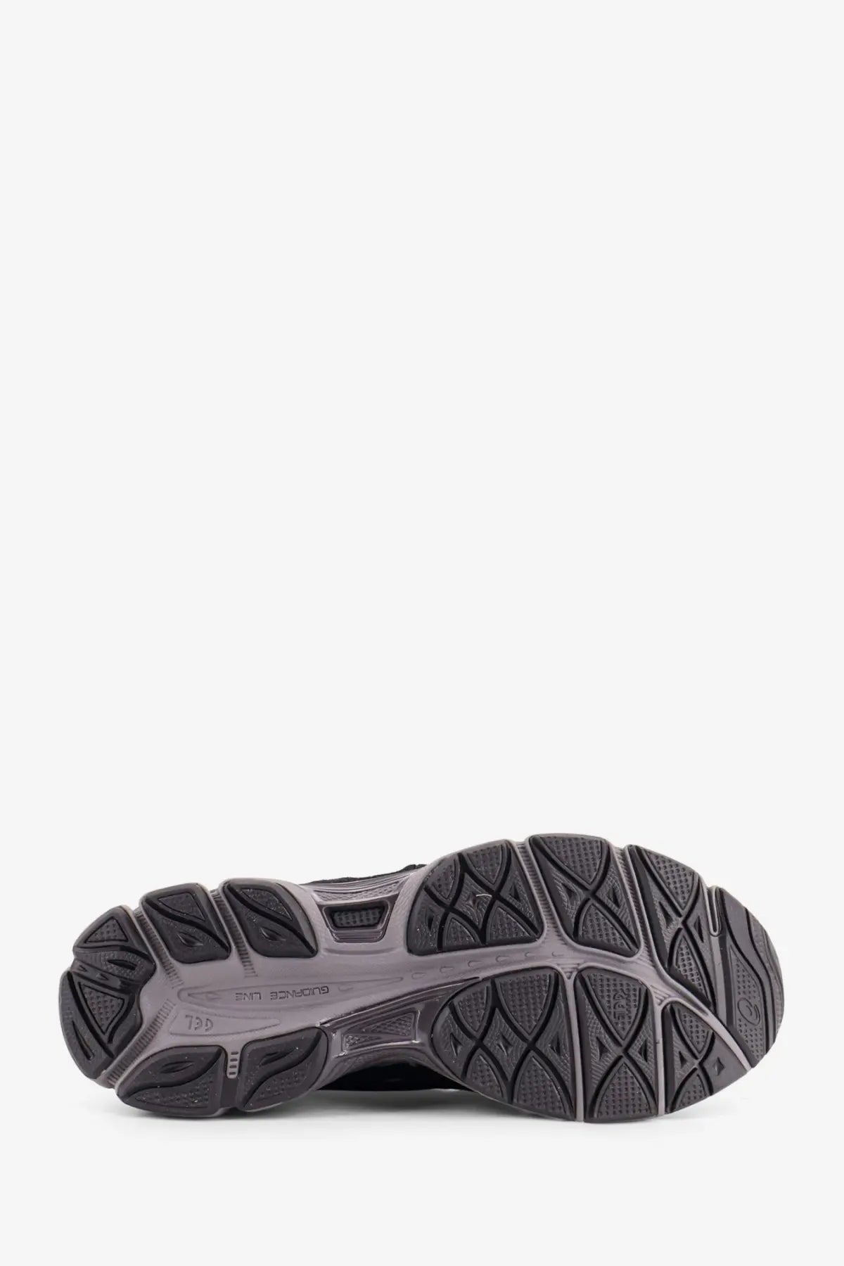 Black and gray rubber sole with textured geometric tread pattern on asics men’s gel nyc mesh sneakers grey