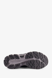Black and gray rubber sole with textured geometric tread pattern on asics men’s gel nyc mesh sneakers grey