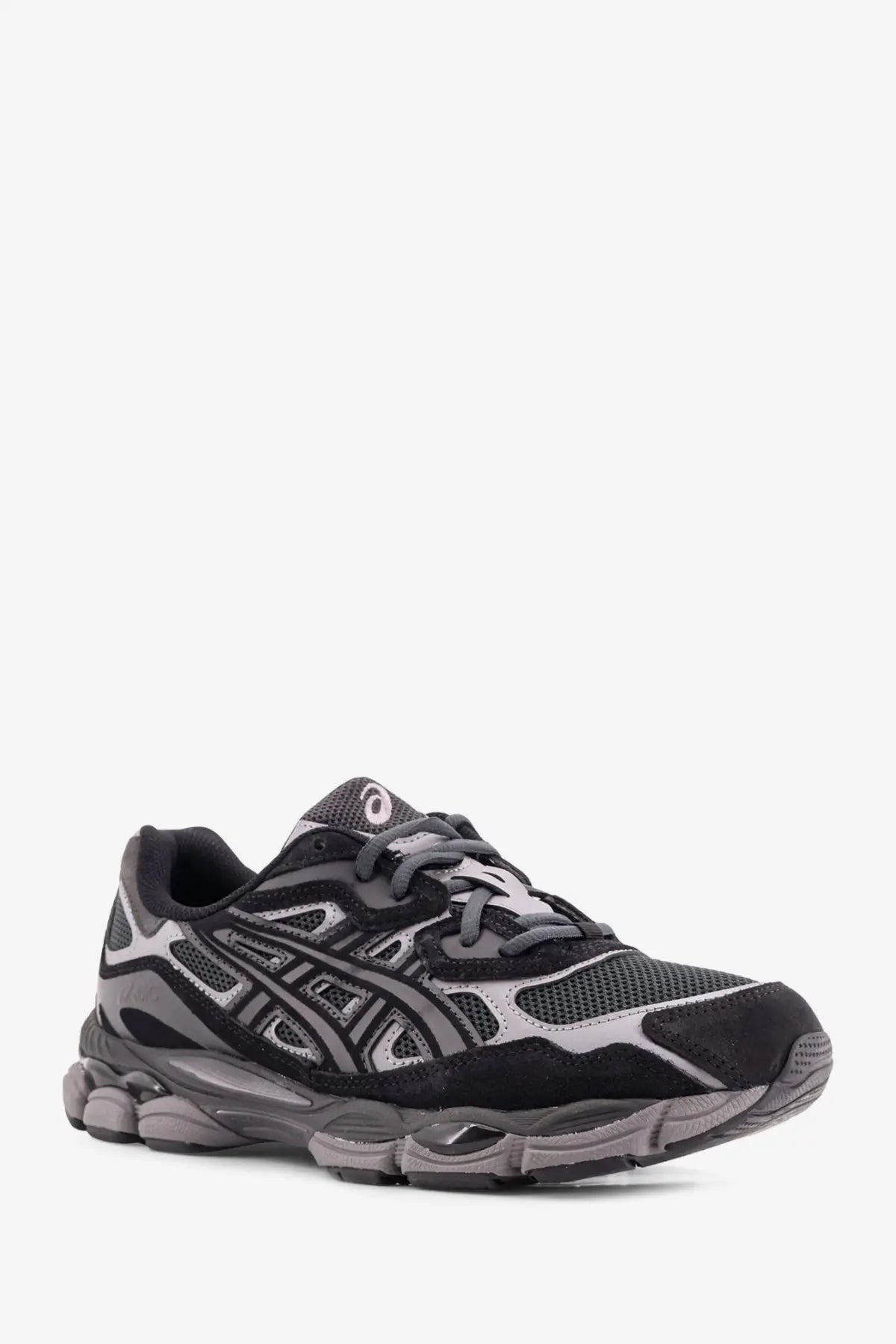 Asics men’s gel nyc mesh sneakers grey with black and gray mesh and synthetic overlays and chunky midsole design