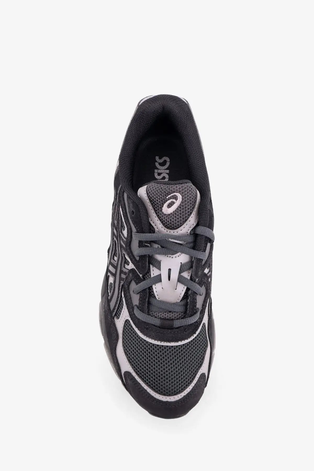 Asics men’s gel nyc mesh sneakers in black and gray with mesh and synthetic overlays for running