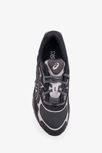 Asics men’s gel nyc mesh sneakers in black and gray with mesh and synthetic overlays for running