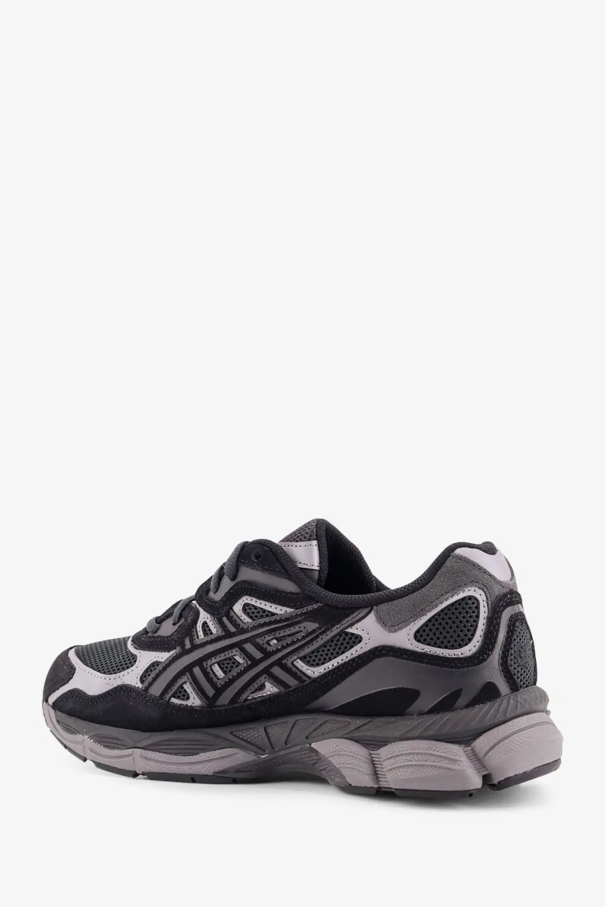 Asics men’s gel nyc mesh sneakers in black and gray with mesh and synthetic overlays and chunky midsole