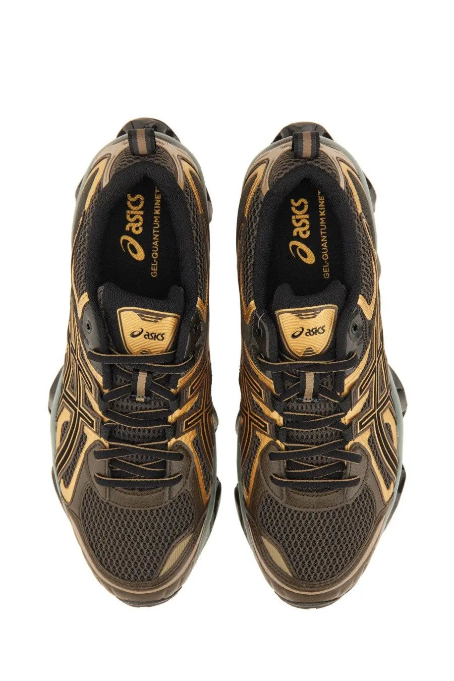 Asics men’s gel quantum kinetic sneaker in black and gold with mesh upper and bold geometric patterns