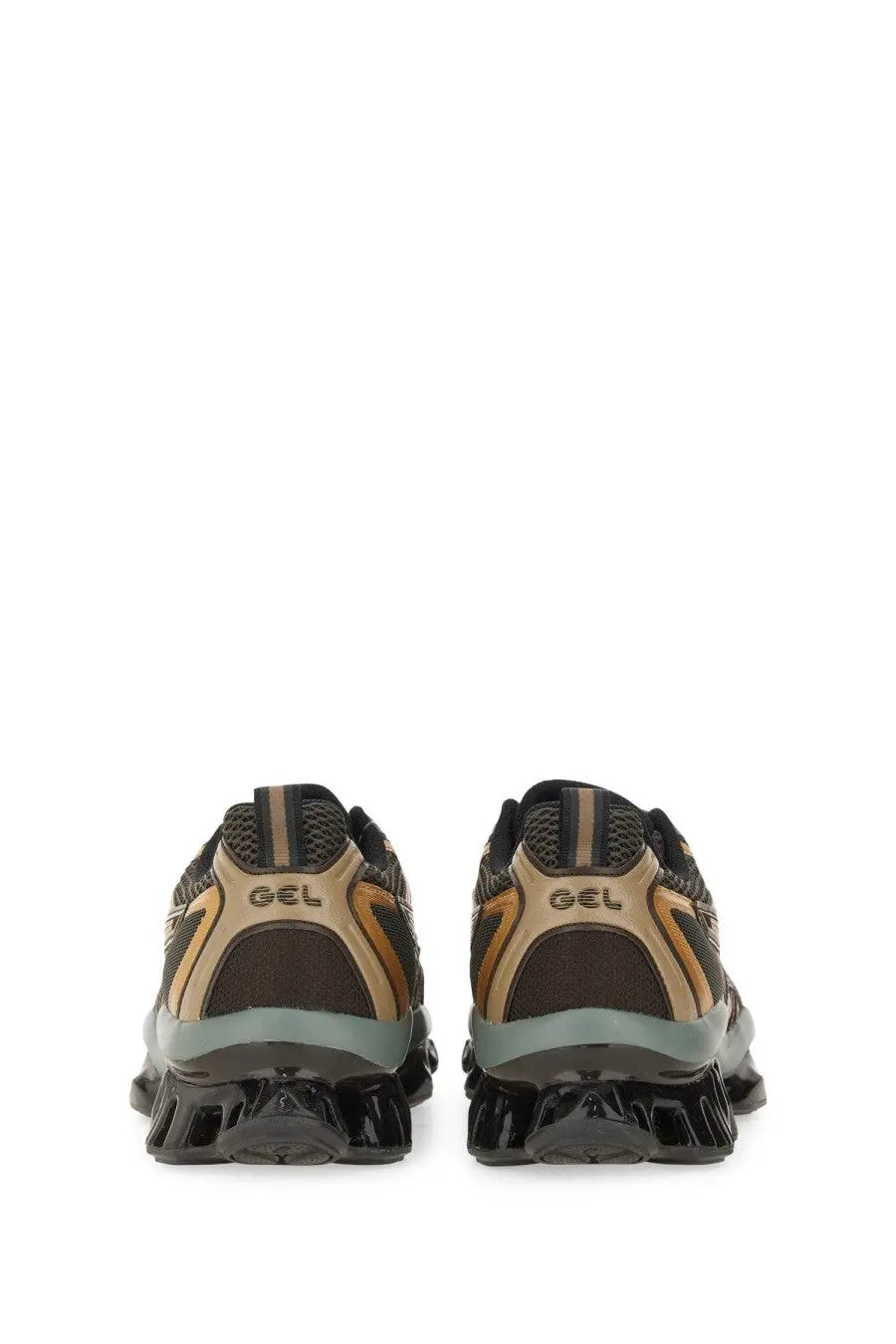 Asics men’s gel quantum kinetic sneaker in black and tan with textured mesh upper rubber outsole and translucent midsole