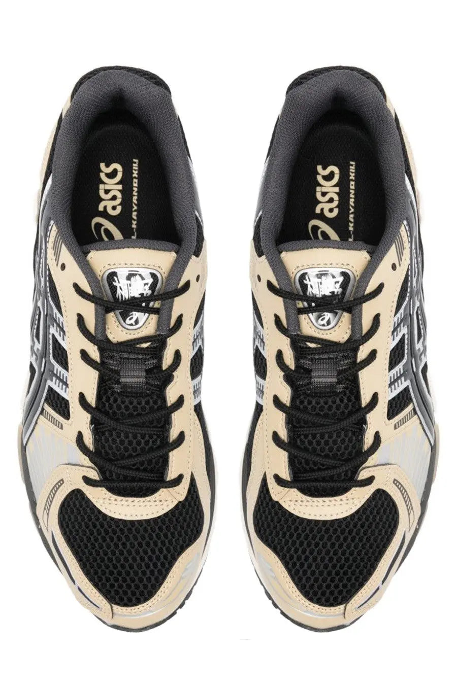 Beige and black asics unisex gel kayano 10 sneakers with mesh panels rubber soles and silver branding accents