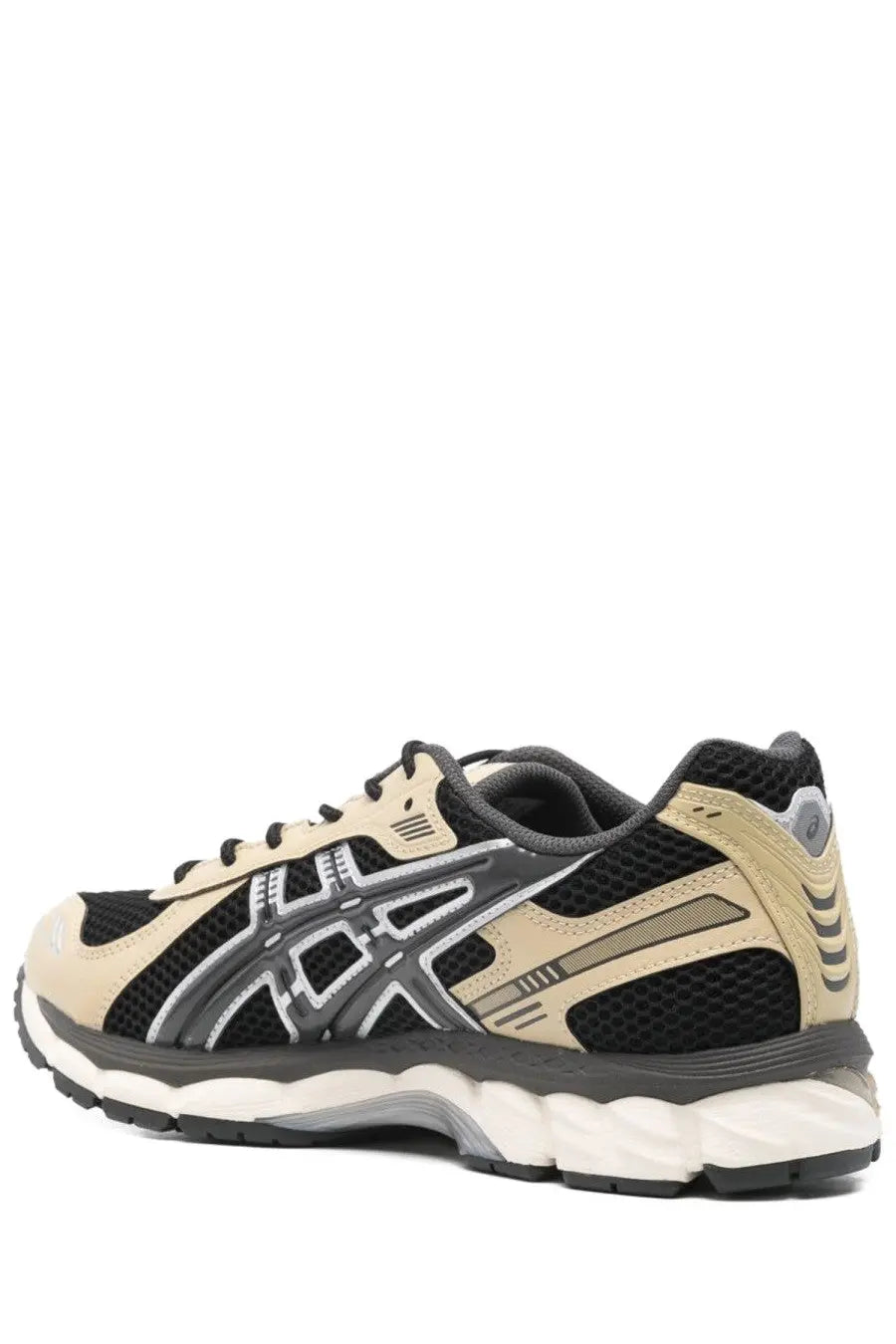 Asics unisex gel kayano sneaker in black and beige with mesh upper gray accents and white midsole for running