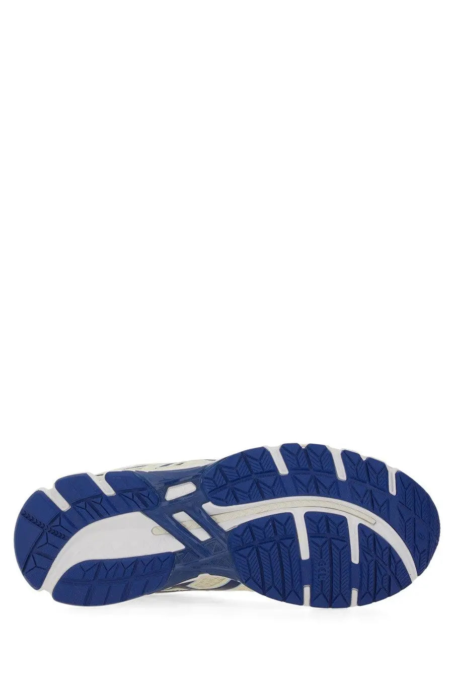 Blue and white rubber sole with textured tread pattern on asics unisex gel kayano multicolor sneaker
