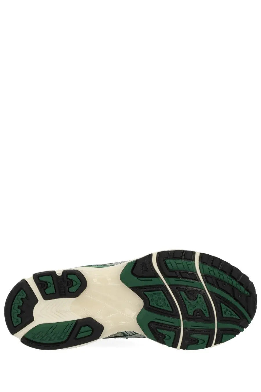 Green and black rubber sole with white midsole and textured tread on asics unisex gel kayano sneaker multicolor