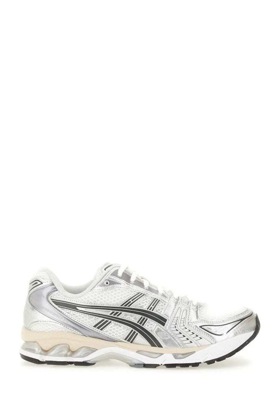 Asics unisex gel kayano sneaker in silver and black with mesh upper and reflective midsole accents for running