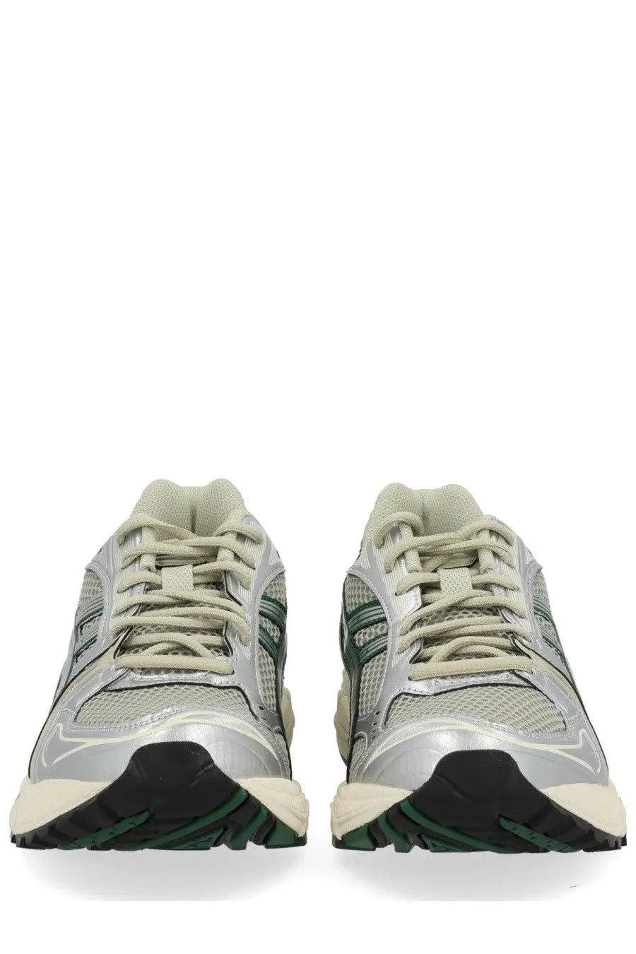 Asics unisex gel kayano sneaker in silver and green with mesh upper metallic accents and black rubber sole