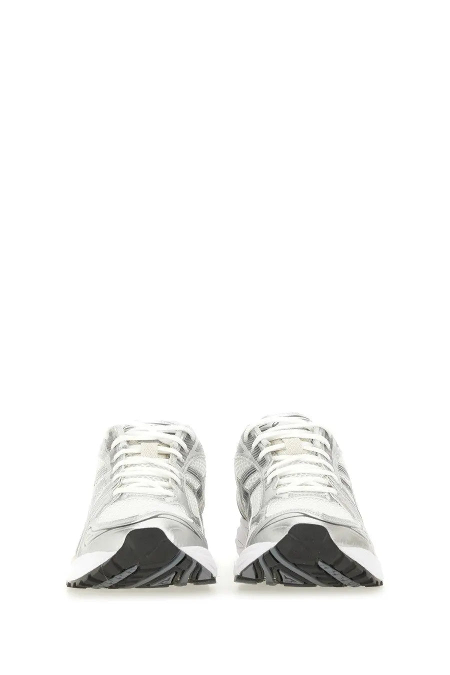 Silver and white asics unisex gel kayano sneakers with mesh panels rubber soles and a sleek modern athletic design