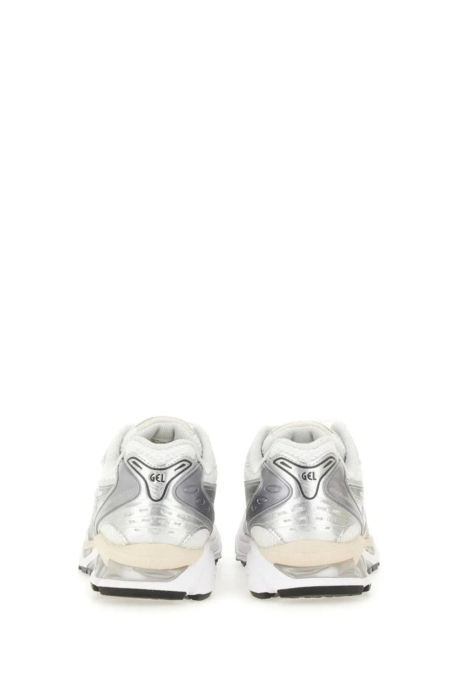 Asics unisex gel kayano sneaker in silver and white with translucent midsole and gel-nimbus running shoe design