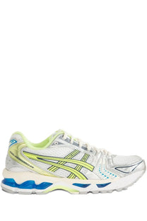 White asics gel kayano 26 running shoe with neon yellow and blue accents designed for unisex performance
