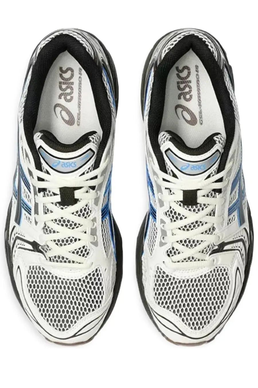 Asics unisex gel kayano 18 running shoes in white and blue with mesh upper black accents and sleek athletic design