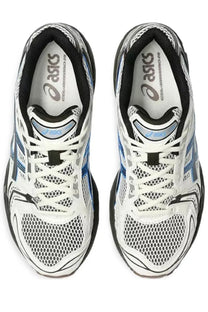 Asics unisex gel kayano 18 running shoes in white and blue with mesh upper black accents and sleek athletic design