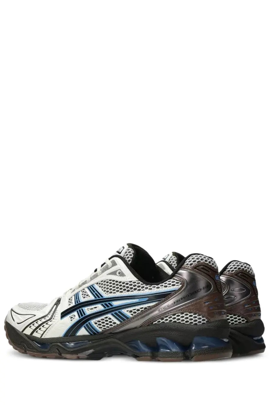 Asics unisex gel kayano sneaker in white and blue with mesh upper black accents and cushioned sole for running