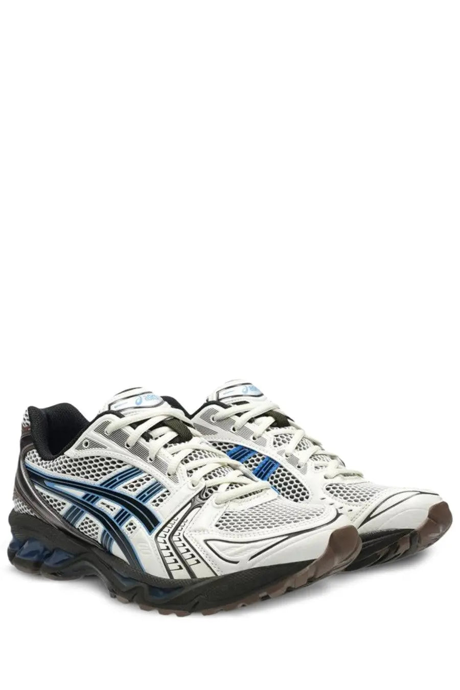Asics unisex gel kayano sneaker in white and blue with mesh upper black accents and cushioned sole for running