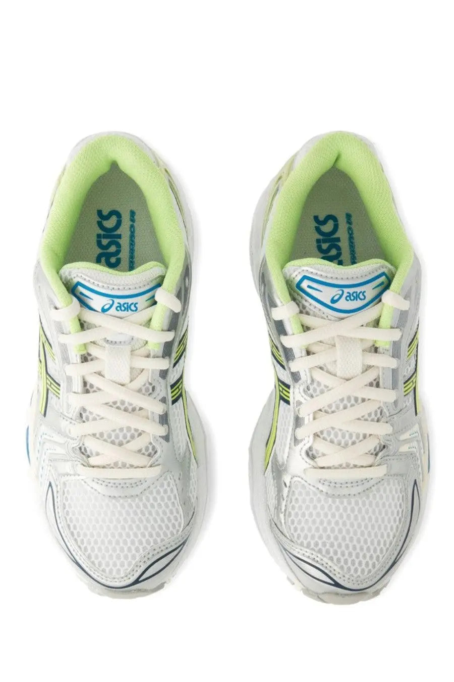 Asics unisex gel kayano running shoes with white and lime green mesh upper silver accents and white laces