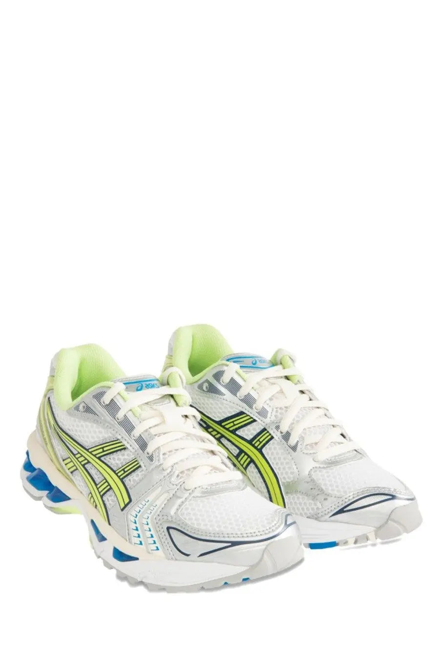 Asics unisex gel kayano running shoes in white neon green and blue with gel cushioning for stability and comfort