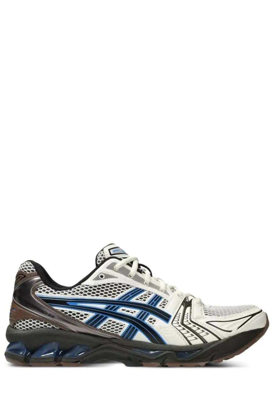 White asics gel kayano unisex running shoe with mesh upper and cushioned sole in blue and black accents