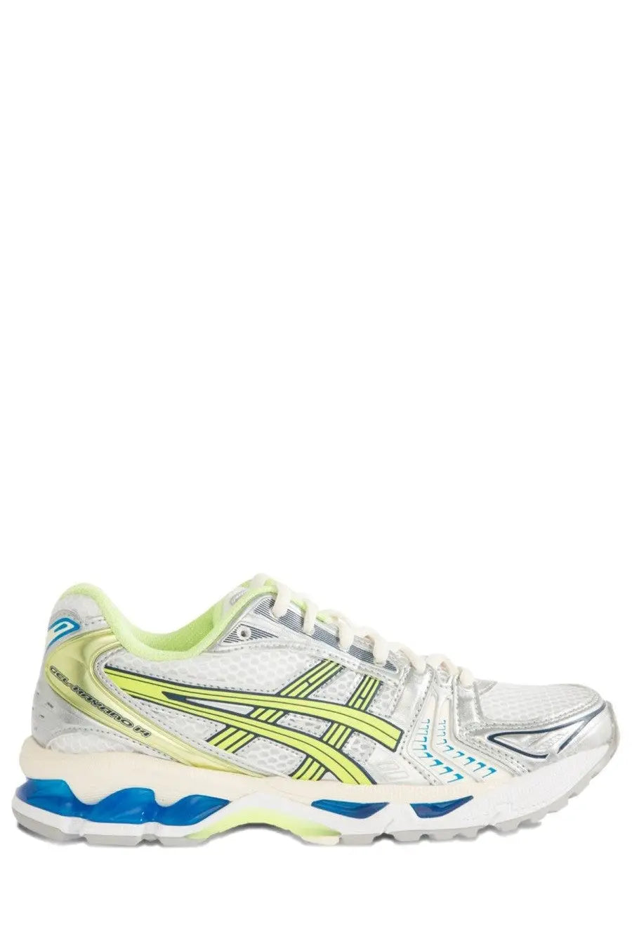 White asics unisex gel kayano sneaker with neon yellow and blue accents mesh upper and cushioned sole