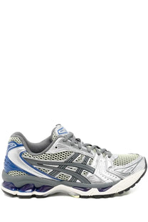 Asics unisex gel kayano sneaker silver with silver and blue mesh upper gray laces and cushioned sole