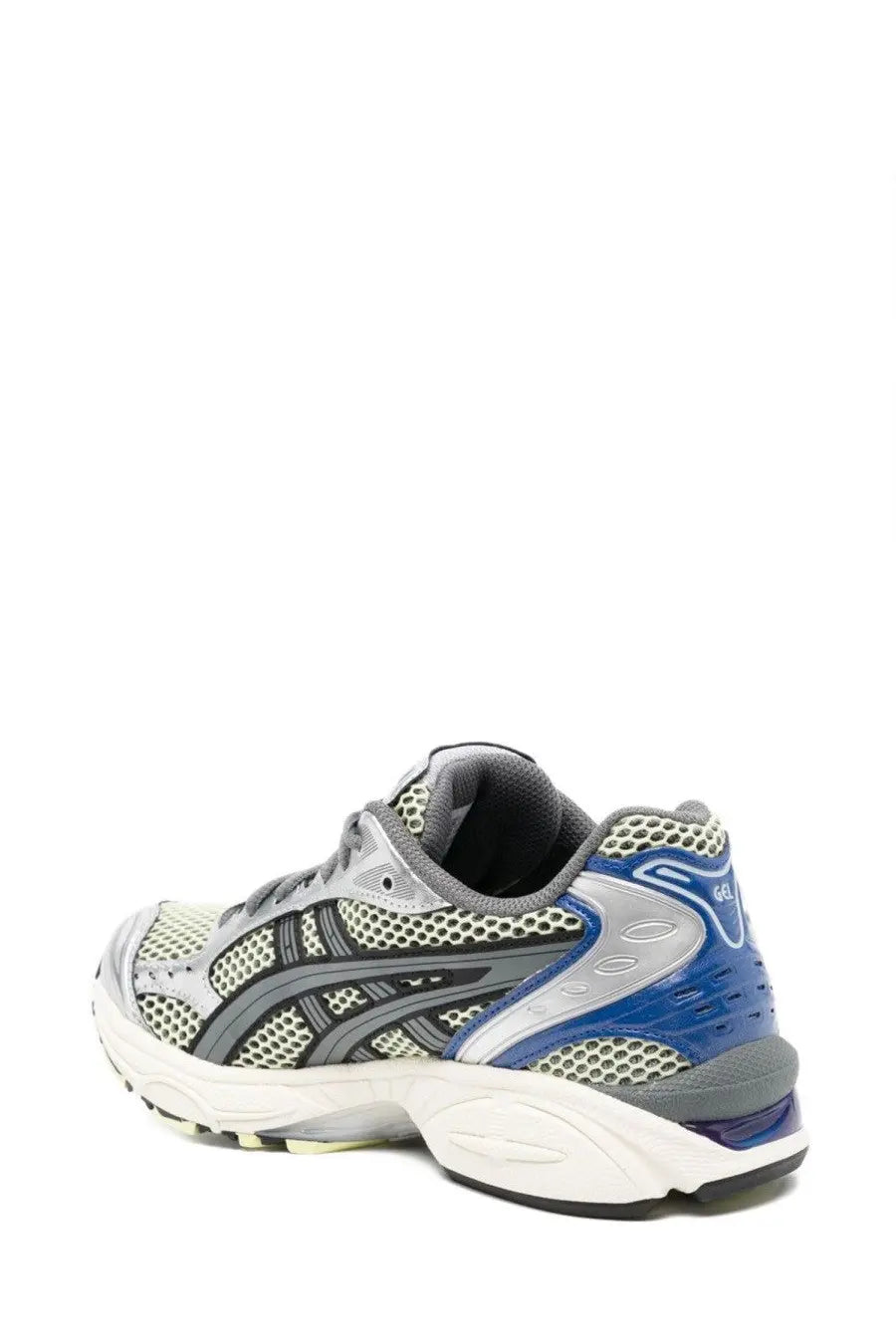 Asics unisex gel kayano sneaker in gray and blue with mesh upper silver branding and white rubber sole