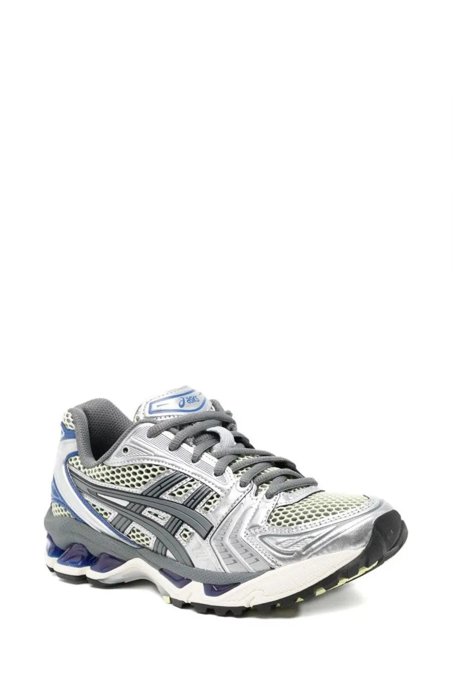 Asics unisex gel kayano sneaker silver with silver and gray mesh upper and blue accents on heel and midsole