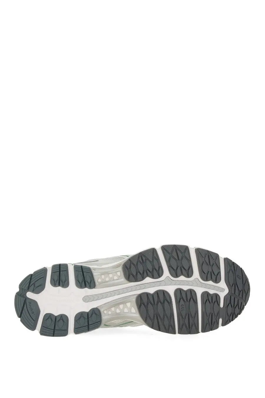 White and gray asics unisex gel kayano sneaker sole with textured grippy tread pattern for running stability