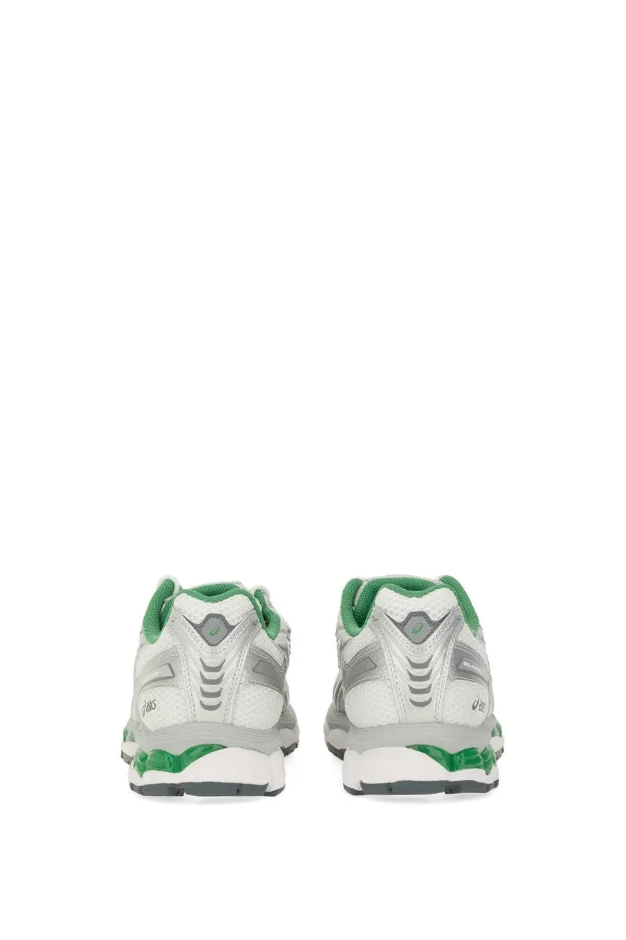 Asics unisex gel kayano sneaker white with green and silver accents shown from the back side