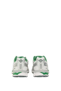 Asics unisex gel kayano sneaker white with green and silver accents shown from the back side