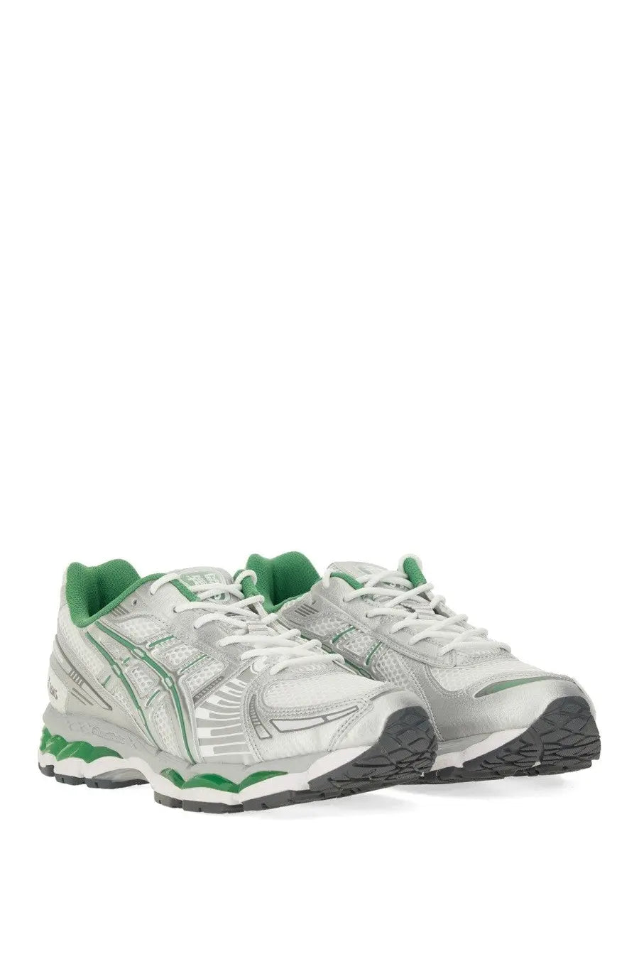 Silver and green asics unisex gel kayano sneaker with mesh and synthetic overlays for running and training