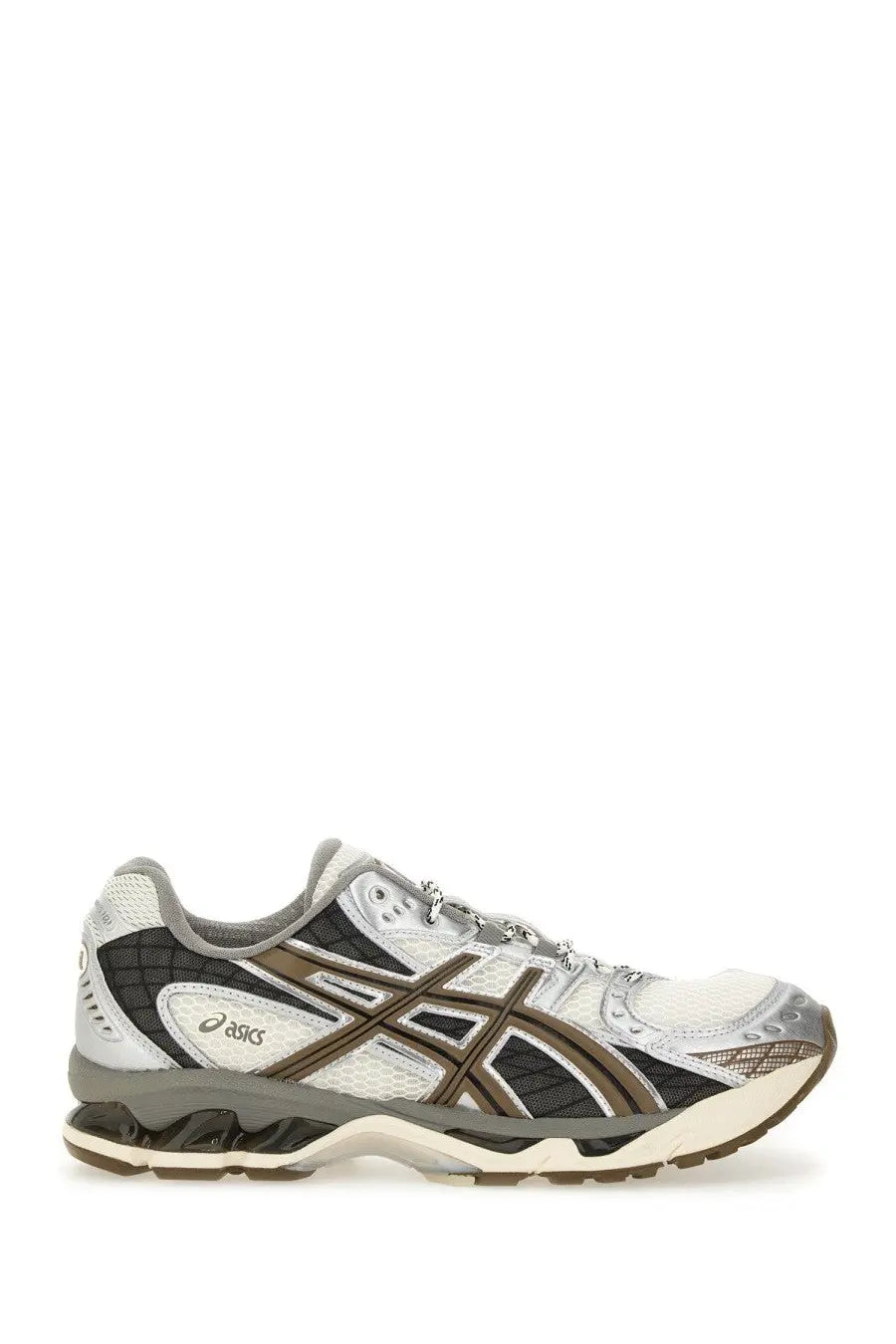 Asics unisex gel nimbus sneaker grey silver and black running shoe with mesh upper brown accent stripes cushioned sole