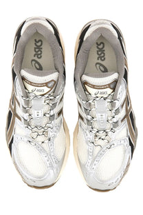Asics unisex gel nimbus sneaker grey with white and black mesh upper metallic silver accents and cushioned midsole