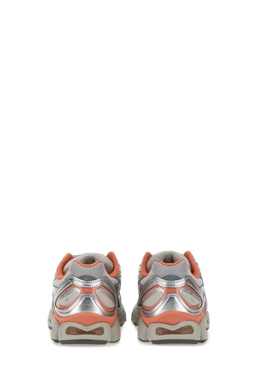 Asics unisex gel nimbus sneaker in silver and coral orange with metallic accents and breathable mesh upper