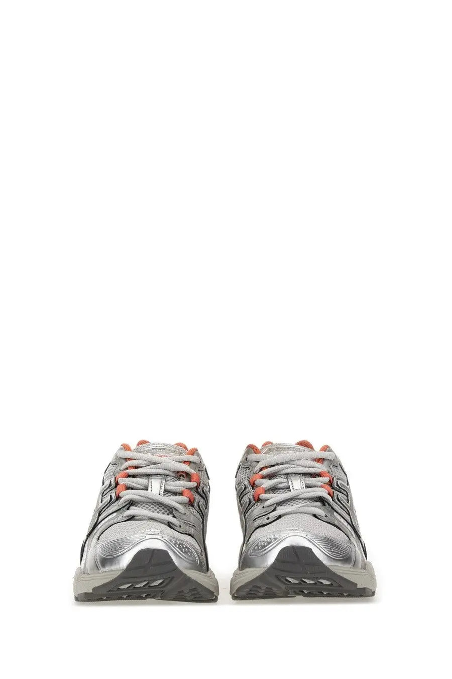 Asics unisex gel nimbus sneaker in silver and coral orange with mesh upper and rubber sole for running