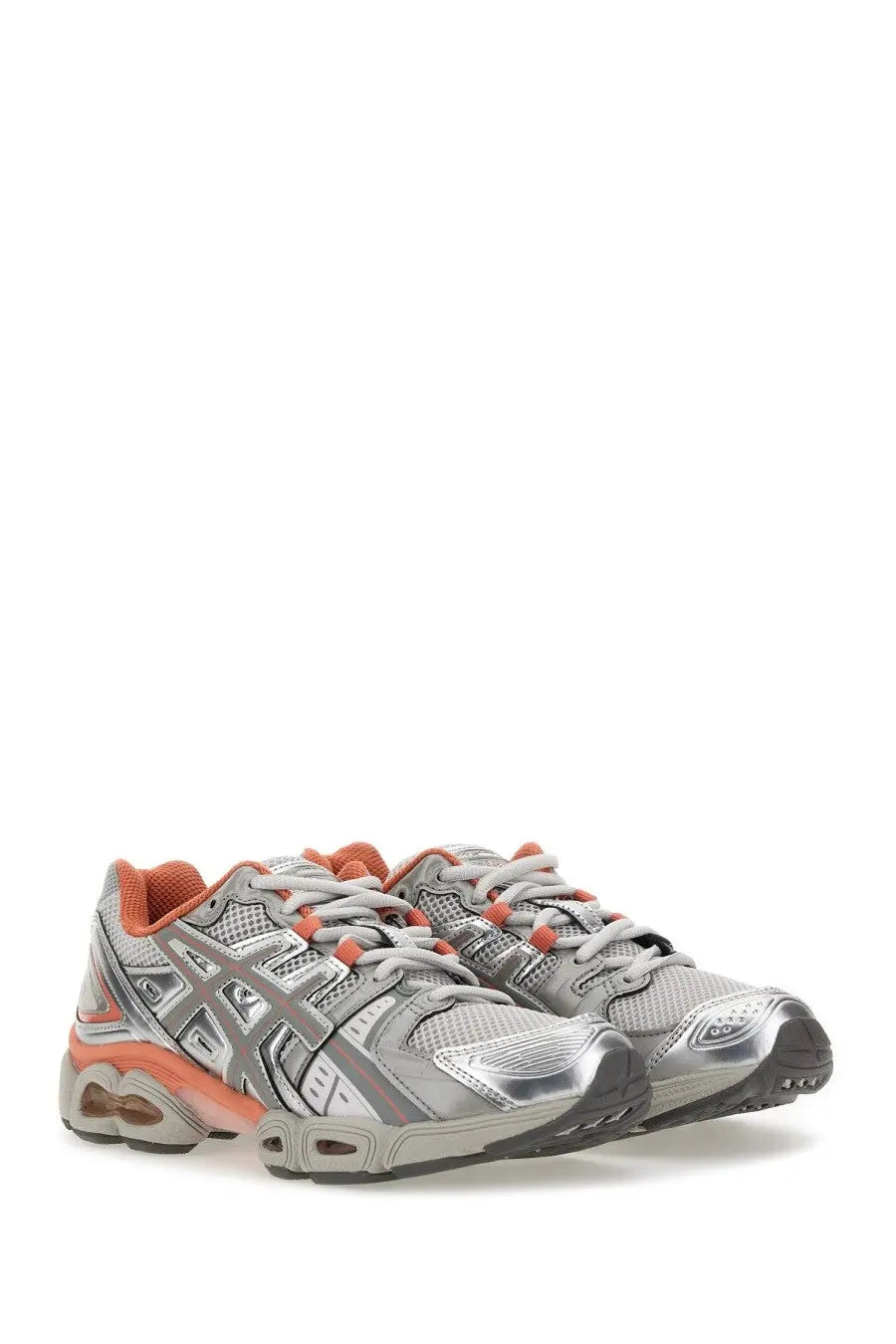 Asics unisex gel nimbus sneaker in silver and orange with mesh upper metallic accents and cushioned sole