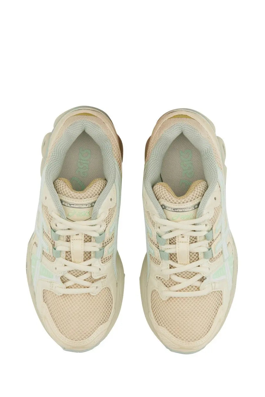 Cream-colored Asics unisex gel nimbus 23 sneakers with mesh and synthetic overlays and mint green accents